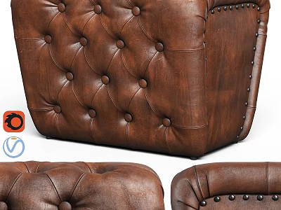 Brown Leather Tufted Ottoman With Studded Edges For Living Room Decor 3d model