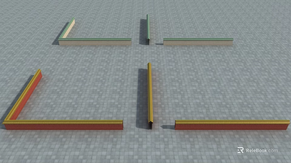 Elongated Architectural Components In Green Yellow Red On Gray Stone Paved Ground 3d model 