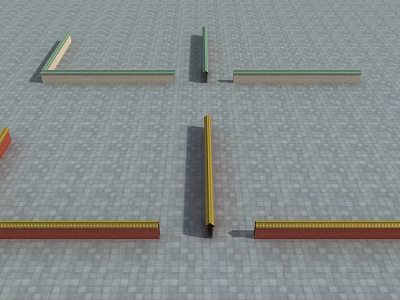 Elongated Architectural Components In Green Yellow Red On Gray Stone Paved Ground 3d model