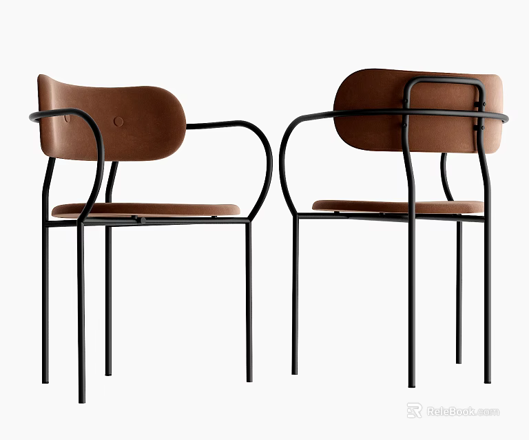 Modern Stylish Dining Chairs With Brown Upholstered Back And Black Metal Frame 3d model 