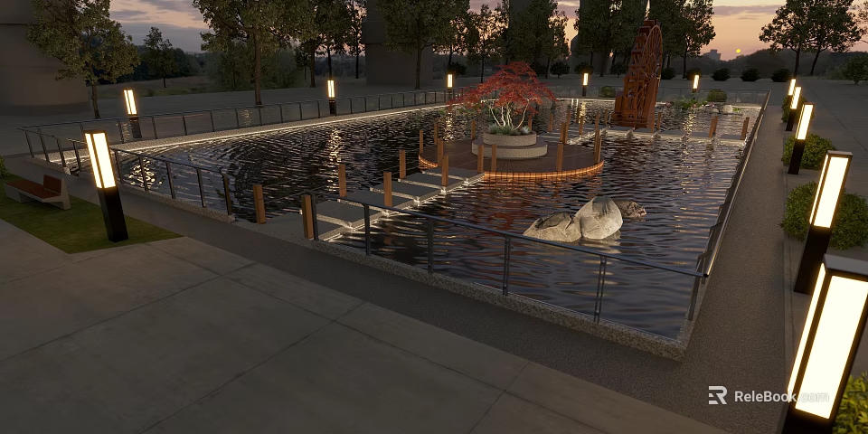 Evening Park Landscape Featuring Water Pool Circular Platform Red Trees Street Lamps And Swan Sculptures 3d model 