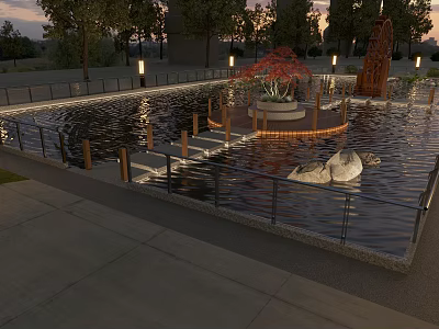 Evening Park Landscape Featuring Water Pool Circular Platform Red Trees Street Lamps And Swan Sculptures 3d model