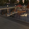 Evening Park Landscape Featuring Water Pool Circular Platform Red Trees Street Lamps And Swan Sculptures