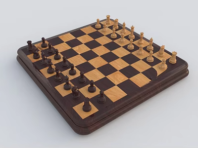 Chess Entertainment Classic Wooden Chessboard With Black And White Pieces On Checkerboard Pattern 3d model