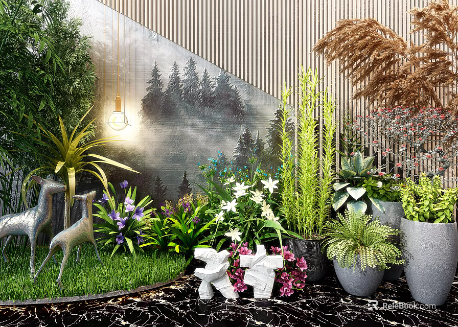 Elegant Garden Decor With Diverse Plants Flower Pots Animal Statues And Green Grass 3d model 