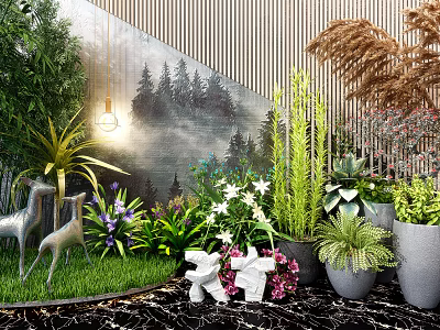 Elegant Garden Decor With Diverse Plants Flower Pots Animal Statues And Green Grass 3d model