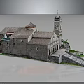 Traditional Stone Building With Red Tiled Roof Bell Tower Stone Steps And Greenery