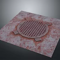 Rusted Red Square Metal Plate With Central Circular Grid And Surrounding Squares