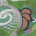 Contemporary Garden Landscape Featuring Spiral Path White Cylindrical Structures Green Lawns And Trees