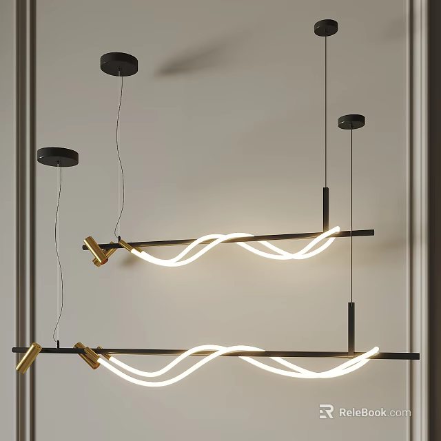 Contemporary Pendant Light Fixture With Wavy LED Strip And Black Gold Metal Frame 3d model 