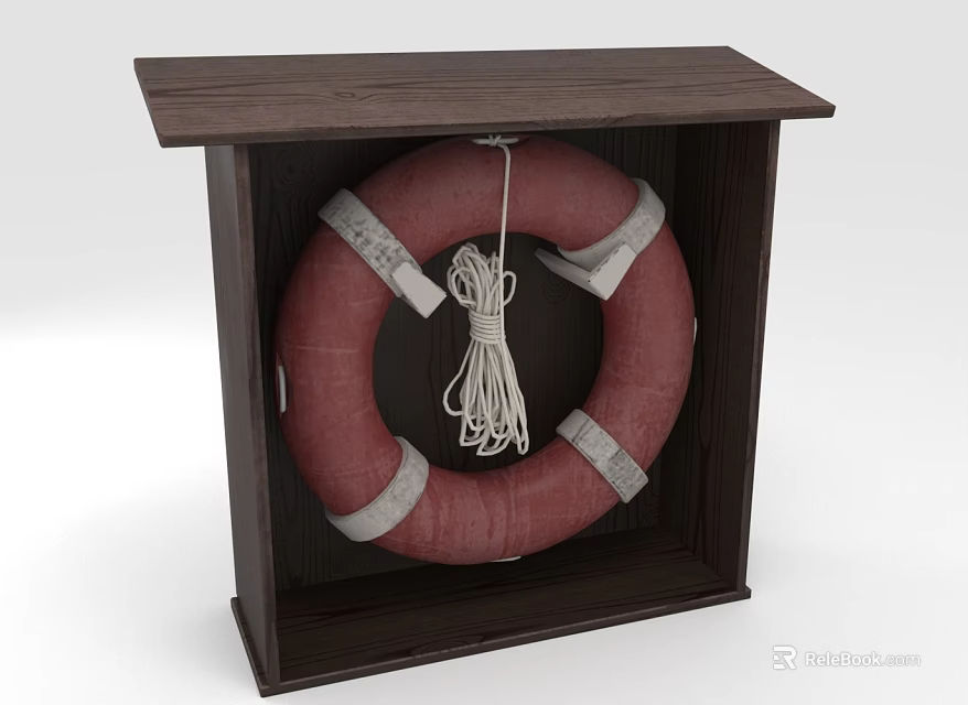 Red Lifebuoy With White Stripes And Rope In Dark Wooden Box 3d model 