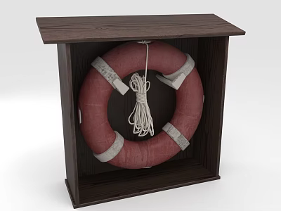 Red Lifebuoy With White Stripes And Rope In Dark Wooden Box 3d model