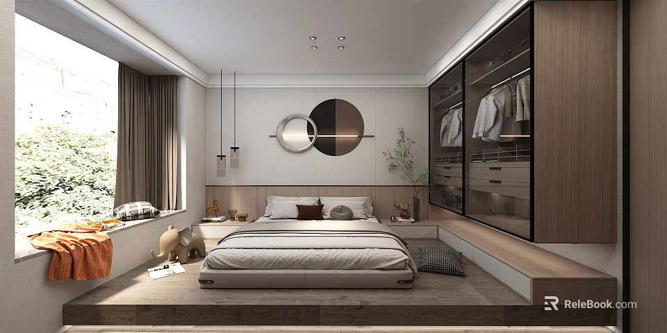 Minimalist Bedroom Interior With Platform Bed Circular Mirror Built-in Wardrobe And Wooden Elements 3d model 