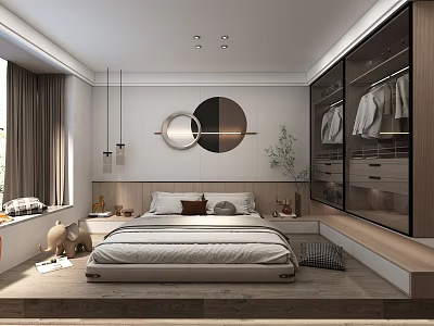 Minimalist Bedroom Interior With Platform Bed Circular Mirror Built-in Wardrobe And Wooden Elements 3d model