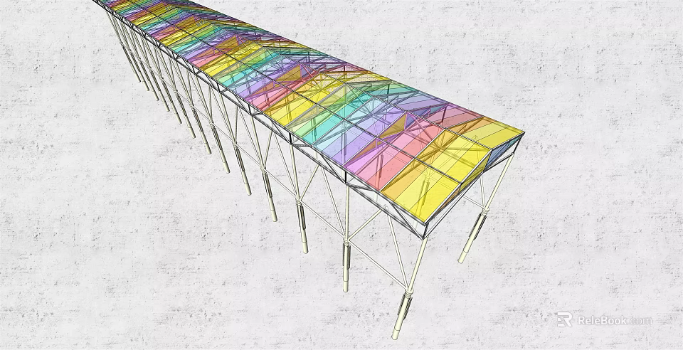 Colorful Long Outdoor Canopy Structure With Metal Frame And Vibrant Panels 3d model 