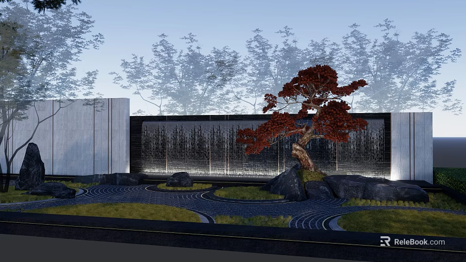 Modern Landscape Feature Wall With Waterfall Red Tree Rocks And Curved Path 3d model