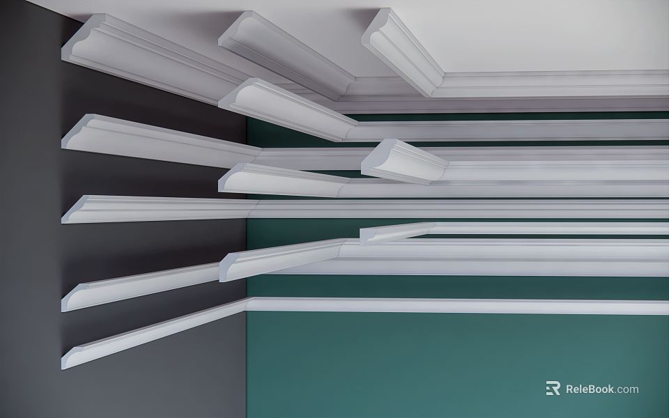 White Corner Moldings At Ceiling Wall Junctions With Green Gray Background Walls Layered Trim Details 3d model 