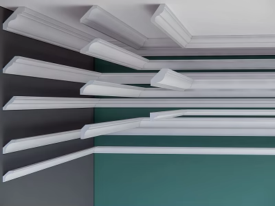 White Corner Moldings At Ceiling Wall Junctions With Green Gray Background Walls Layered Trim Details 3d model