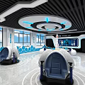 School Science Exploration Room With Modern Design Blue Lighting Round Tables And Open Space