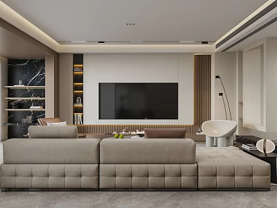 Modern Living and Dining Room Interior With Sectional Sofa And TV Wall Decor 3d model