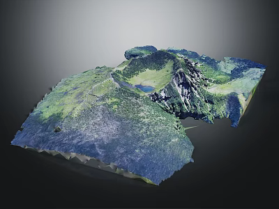 3D Mountainous Terrain Model With Green Vegetation Blue Water And Detailed Topographic Features 3d model