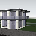 Modern Detached Villa Exterior With Large Glass Windows Glass Balcony And Greenery Surroundings