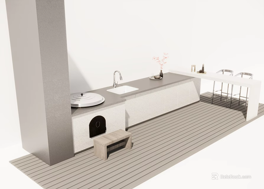 Contemporary Outdoor Kitchen Cabinet Setup With Sink Counter And Stools 3d model 