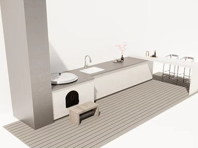 Contemporary Outdoor Kitchen Cabinet Setup With Sink Counter And Stools 3d model
