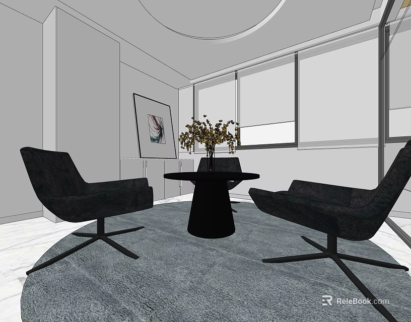Modern Lounge Area Interior With Black Chairs Round Table Plant Wall Painting And Large Windows 3d model 