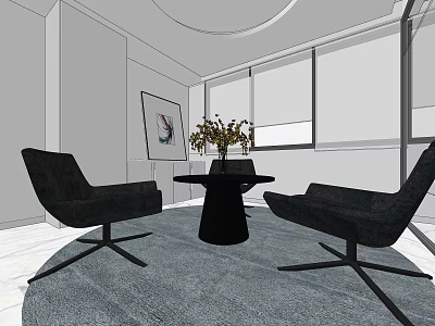 Modern Lounge Area Interior With Black Chairs Round Table Plant Wall Painting And Large Windows 3d model