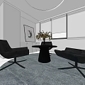 Modern Lounge Area Interior With Black Chairs Round Table Plant Wall Painting And Large Windows