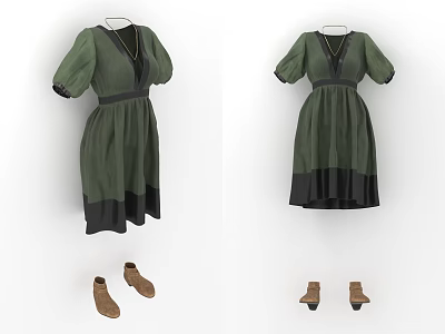 Elegant Green Dress With Short Sleeves And Black Hem Paired With Brown Shoes 3d model