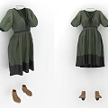 Elegant Green Dress With Short Sleeves And Black Hem Paired With Brown Shoes