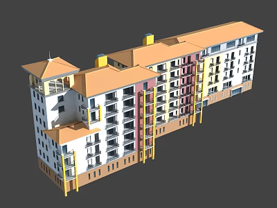 Multi Story Residential Apartment Building With Orange Roof Balconies And Windows 3d model