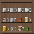 Wooden Shelf Display With Multiple Colorful Mugs And Various Patterns 3d model