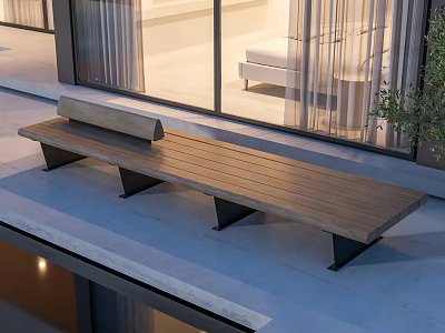 Modern Outdoor Wooden Bench With Black Metal Legs On Patio Near Glass Windows 3d model