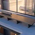 Modern Outdoor Wooden Bench With Black Metal Legs On Patio Near Glass Windows