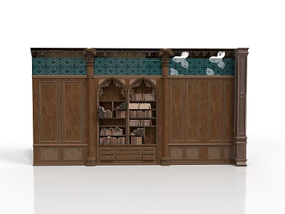Wooden Bookshelf With Arched Design And Green Patterned Decorative Top Holding Books 3d model