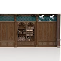 Wooden Bookshelf With Arched Design And Green Patterned Decorative Top Holding Books
