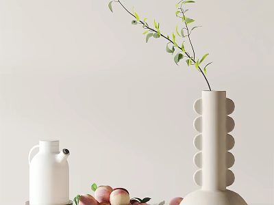 Minimalist White Vase With Green Leafy Branch And Fresh Peaches On Table 3d model