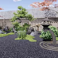 Japanese Courtyard Garden with Red Maple Trees Wooden Lattice Fence Stones and Green Grass Patches