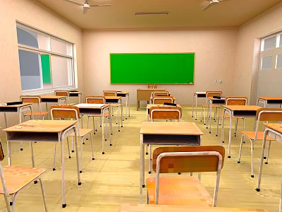 Classroom Interior With Wooden Flooring Rows Of Desks Green Chalkboard And Windows 3d model