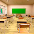Classroom Interior With Wooden Flooring Rows Of Desks Green Chalkboard And Windows