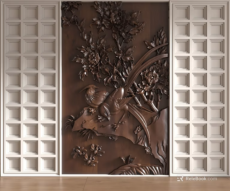 Elegant Background Wall Featuring Intricate Floral Bird Relief Carvings And Grid Panels 3d model 
