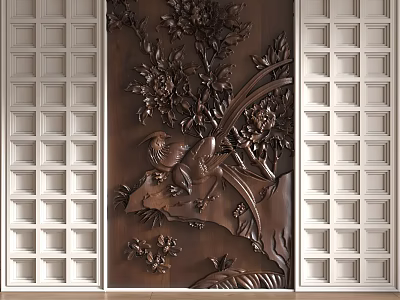 Elegant Background Wall Featuring Intricate Floral Bird Relief Carvings And Grid Panels 3d model