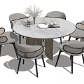 Modern Round Dining Table Set with Marble Top and Six Gray Upholstered Chairs 3d model