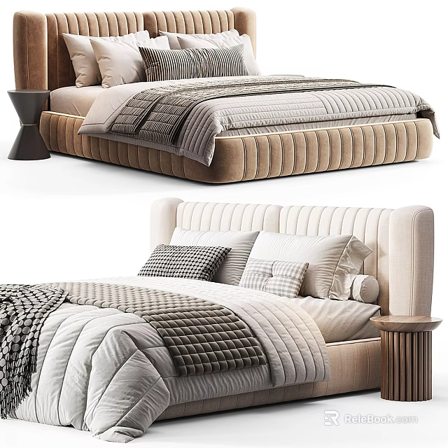 Light Colored Double Bed With Striped Headboard Gray Quilt Pillows And Wooden Nightstand 3d model 