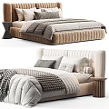 Light Colored Double Bed With Striped Headboard Gray Quilt Pillows And Wooden Nightstand