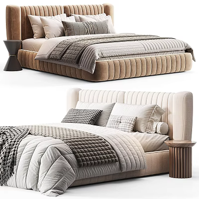 Light Colored Double Bed With Striped Headboard Gray Quilt Pillows And Wooden Nightstand 3d model