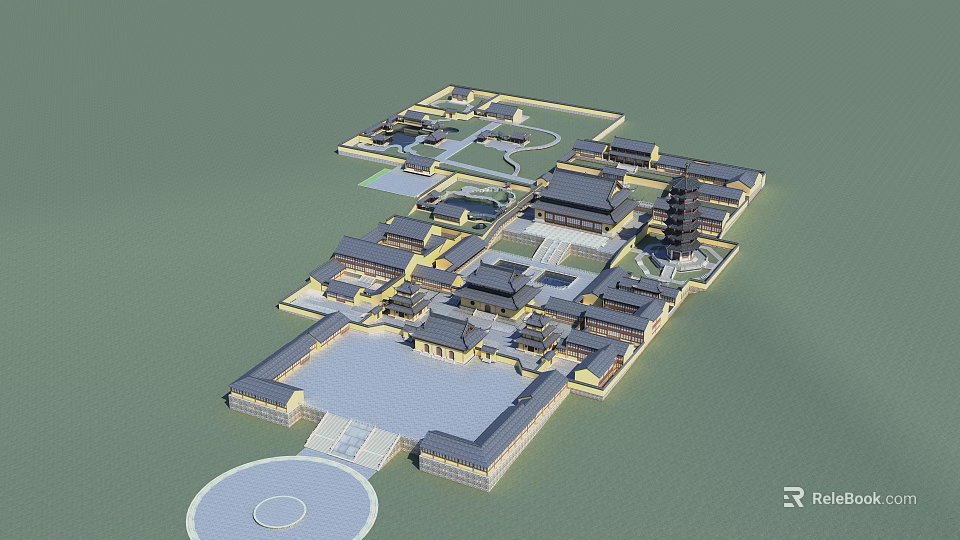 Traditional Chinese Ancient Architecture Complex With Symmetrical Courtyard Layout And Pagoda 3d model 